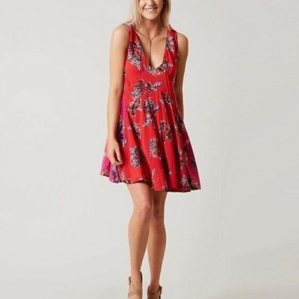 Free People Women’s Deep V Neck Low Back Red Mini Dress